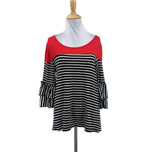 Emi & Joe Blouse Womens M Medium Striped Tiered Bell Sleeves Round Neck Stretch